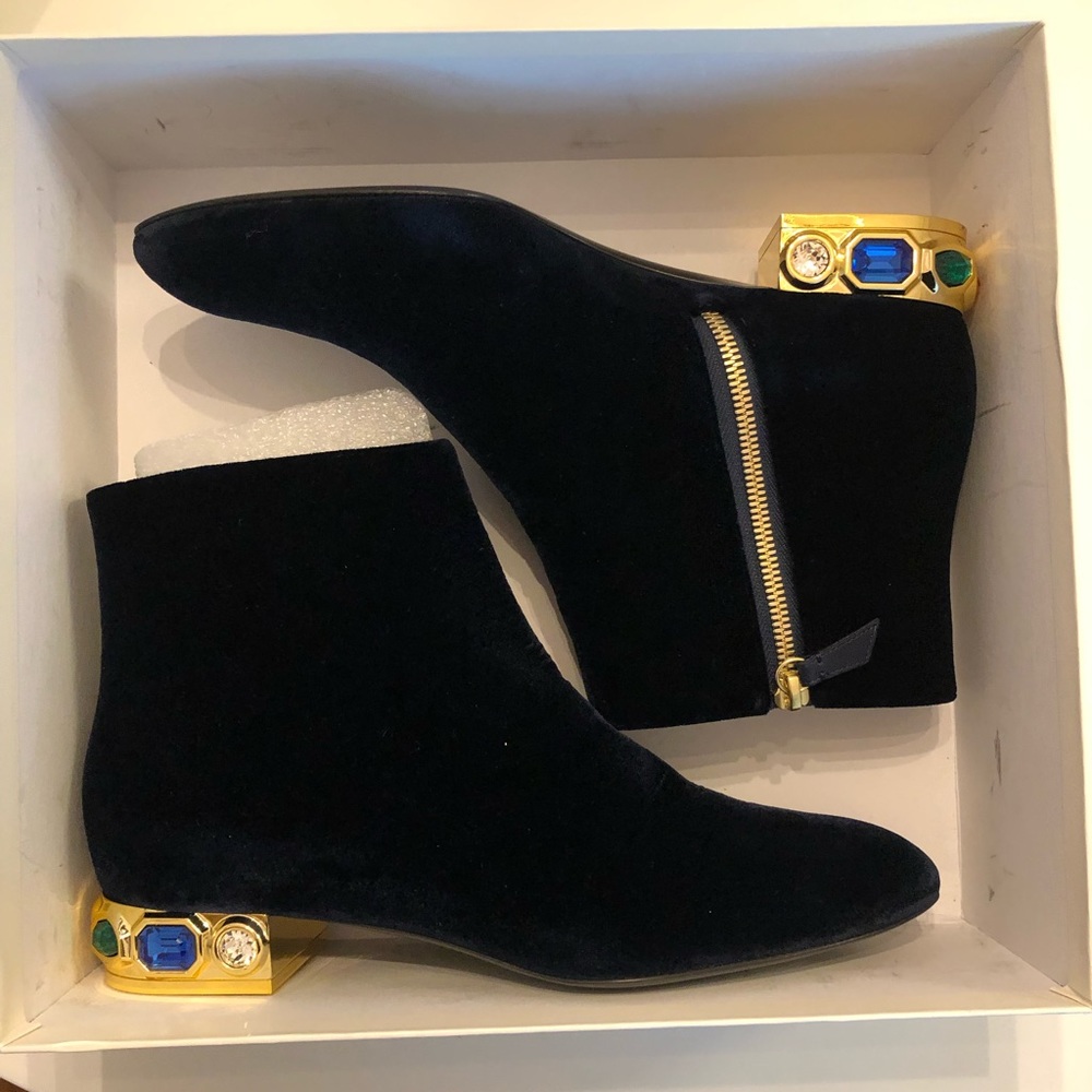 Casadei velvet blue booties with 1-inch bedazzled heels. Box & bag included